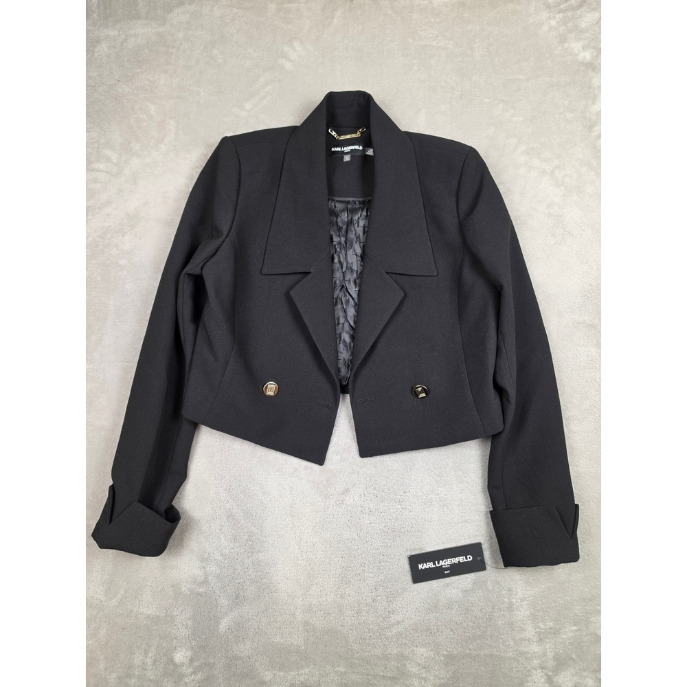 Karl Lagerfeld Paris Cropped Blazer Women 4 Black Gold Button Poly Blend Stretch